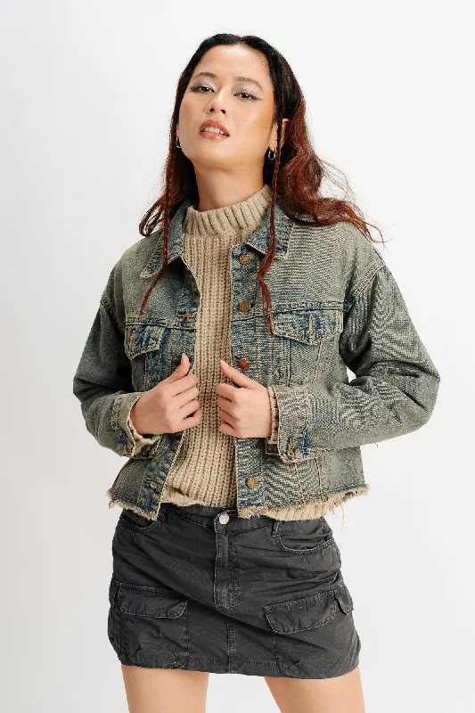 Vintage Frayed Denim Jacket Women's military-style jackets