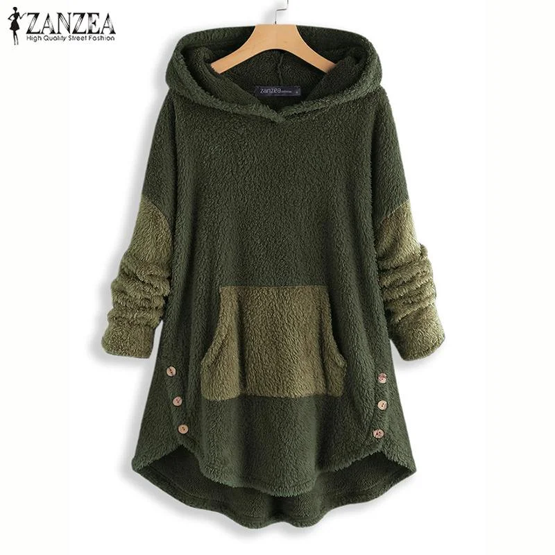 ZANZEA Women Hoodies Sweatshirt Winter Long Sleeve Plush Fluffy Jumper Pull Femme Autumn Hooded Fleece Pullover Blusas Plus Size Fashionable Sweatshirts for Women