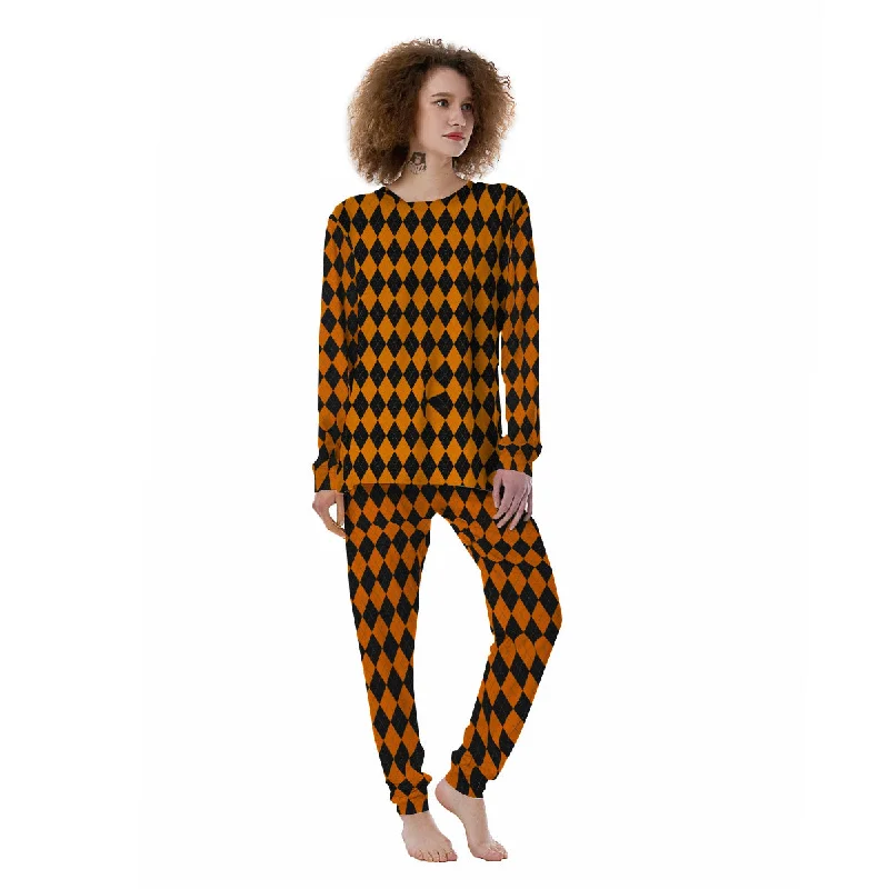 Orange And Black Argyle Print Women's Pajamas Couple pajama sets