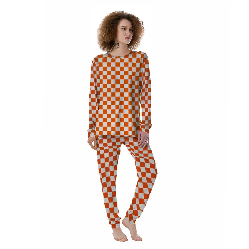 Orange And White Checkered Print Pattern Women's Pajamas Kids' pajama sets