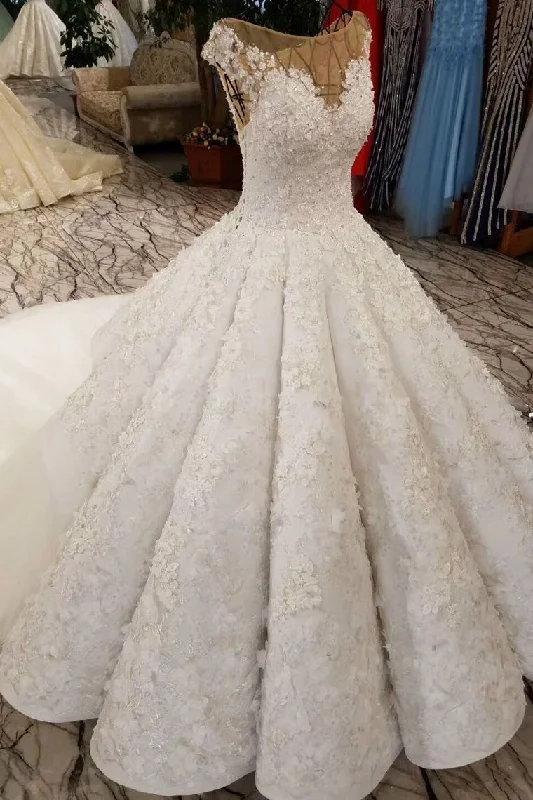 Ball Gown Wedding Dresses Court Train Bateau Top Quality Lace Long Sleeve Gown