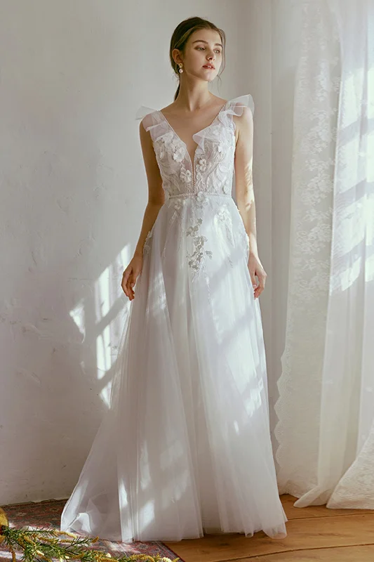 A-Line Floor Length Lace Tulle Wedding Dress CW2665 Lace Train Dress