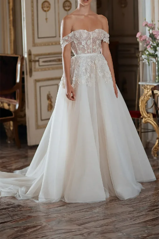 A Line Sweetheart Appliques Rustic Wedding Dress with Court Train QW2284 Princess Wedding Dress