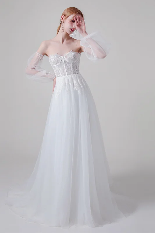 A-Line Sweep-Brush Train Lace Tulle Wedding Dress CW2743 Lace V-neck Dress