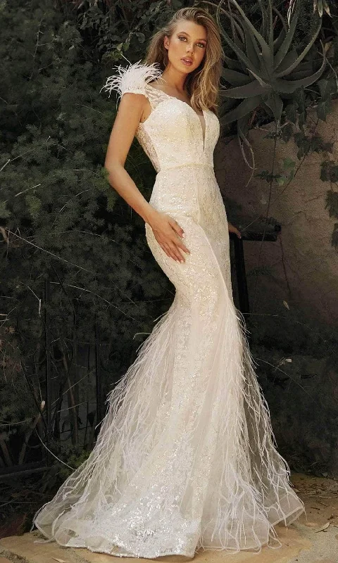 Cinderella Divine - V-Neck Feather Mermaid Bridal Gown C57W - 1 pc Off White In Size 8 Available Ball Gown Wedding