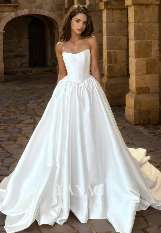 23027 - A-Line Strapless Pleated Sleek Satin Elegant Wedding Dress with Train Sparkling Bridal Gown