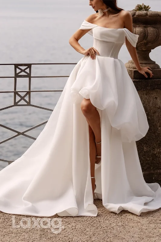 23028 - A-Line Off Shoulder High Low Elegant Wedding Dress with Train Sparkle Bridal Dress