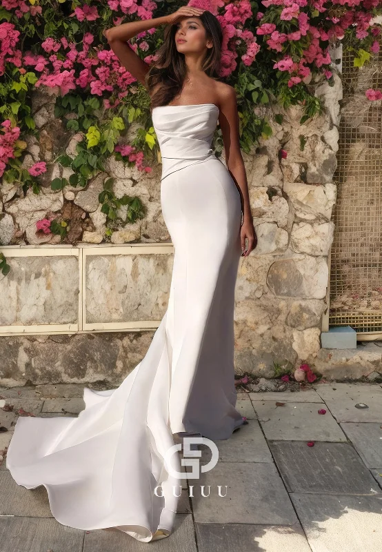 GW669 - Simple & Casual Sheath Strapless Draped Floor-Length Wedding Dress with Sweep Train Wedding Dress Style