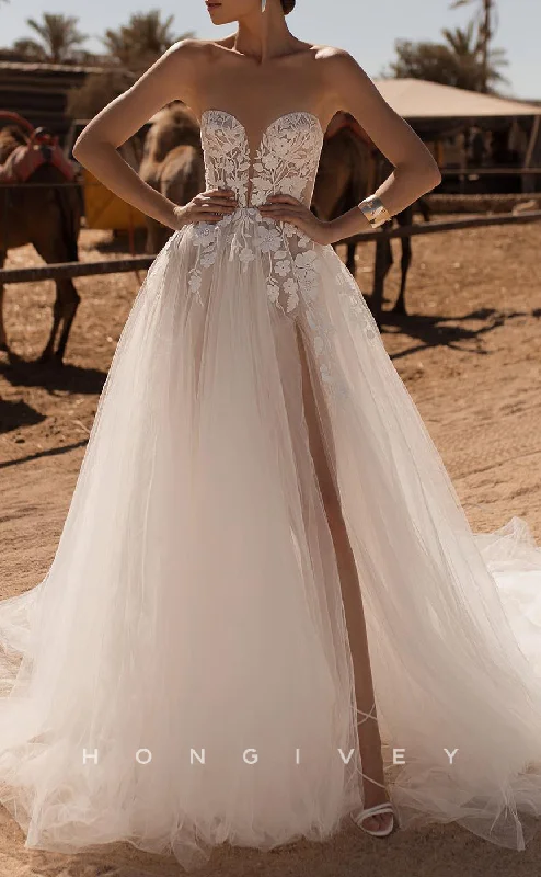 H1665 - Sheer Tulle A-Line Sweetheart Lace Applique With Side Slit Wedding Dress Soft Satin Bridal