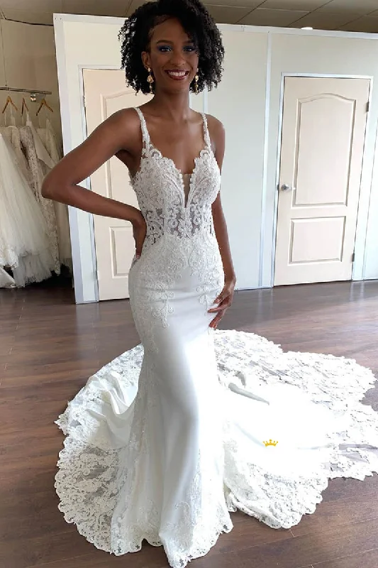 Mermaid/Trumpet Wedding Dress Chic Lace Appliques Rustic Wedding Gown QW2343 Modern Lace Gown