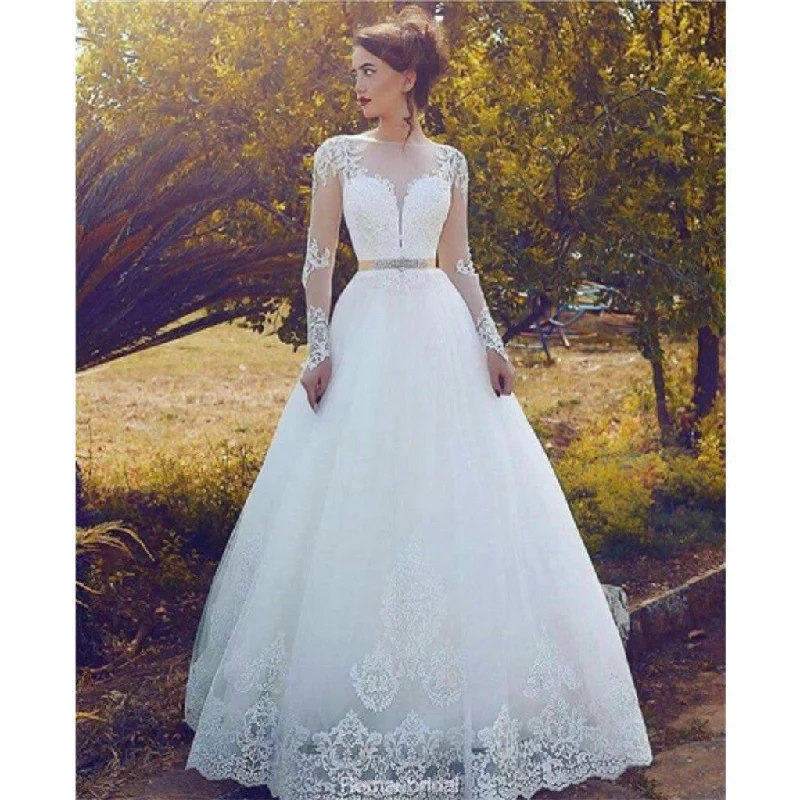 Elegant A-line Floor-length Long Sleeves Lace Appliques Wedding Dresses, WD0398 Embroidered Wedding Dress