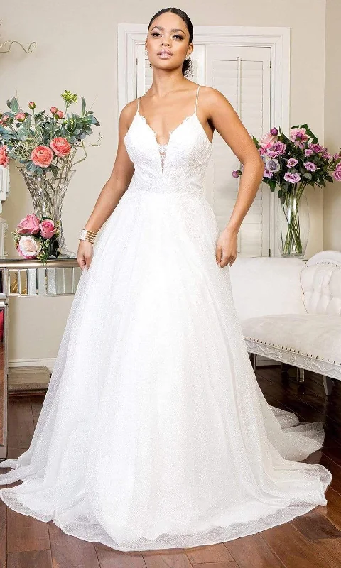 Elizabeth K - GL1904 Deep V Neck Glitter Mesh A-line Gown A-line Wedding Gown