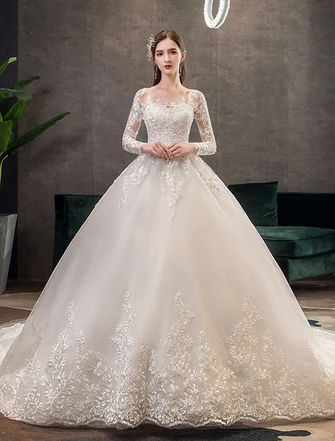 Engagement Formal Wedding Dresses Ball Gown Illusion Neck Long Sleeve Cathedral Train Lace Bridal Gowns With Pleats Appliques Open Back Dress