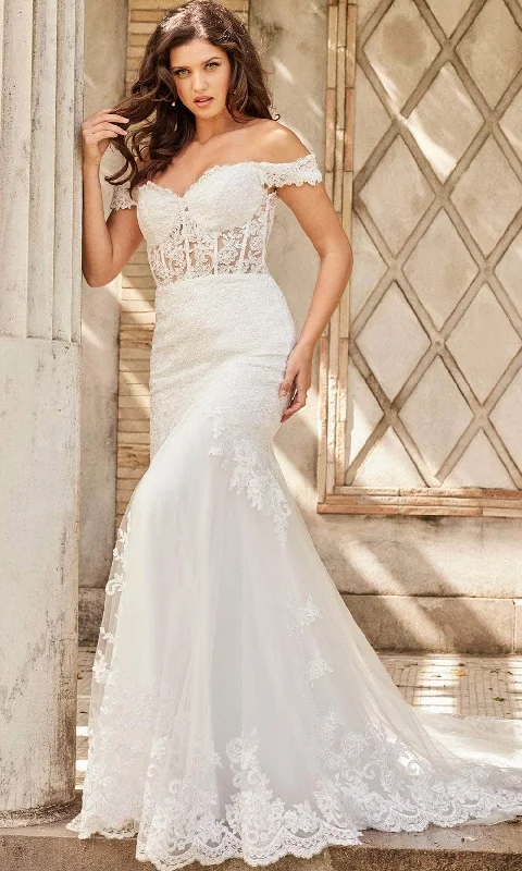 Jovani Bridal JB220003 - Sweetheart Scalloped Lace Bridal Gown Simple Satin Gown