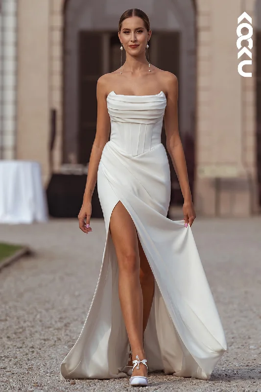 K1983 - Classic & Timeless Off-Shoulder Sleeveless Sheath Side Slit Ruched Wedding Dress Glitter Wedding Dress