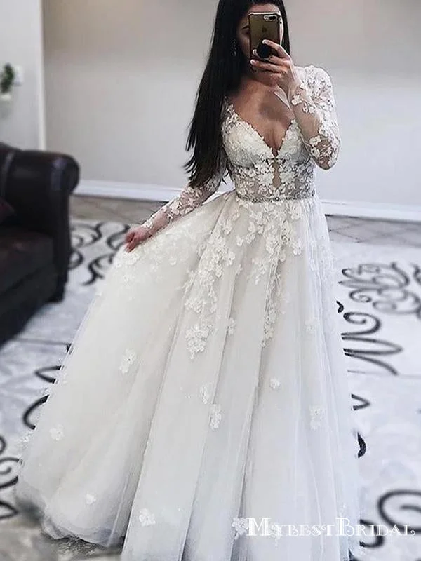 Long Sleeves V-necl Lace A-line Long Cheap Wedding Dresses, WDS0032 Ruffled Wedding Dress