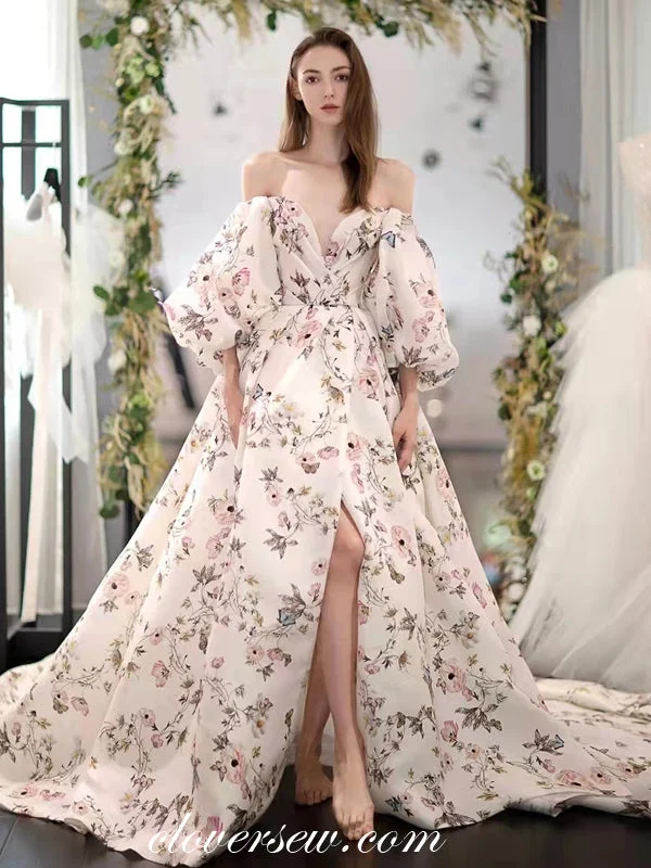 Off The Shoulder Lantern Sleeves High Slit Floral Satin Spring Wedding Dresses, CW0305 Empire Waist Gown