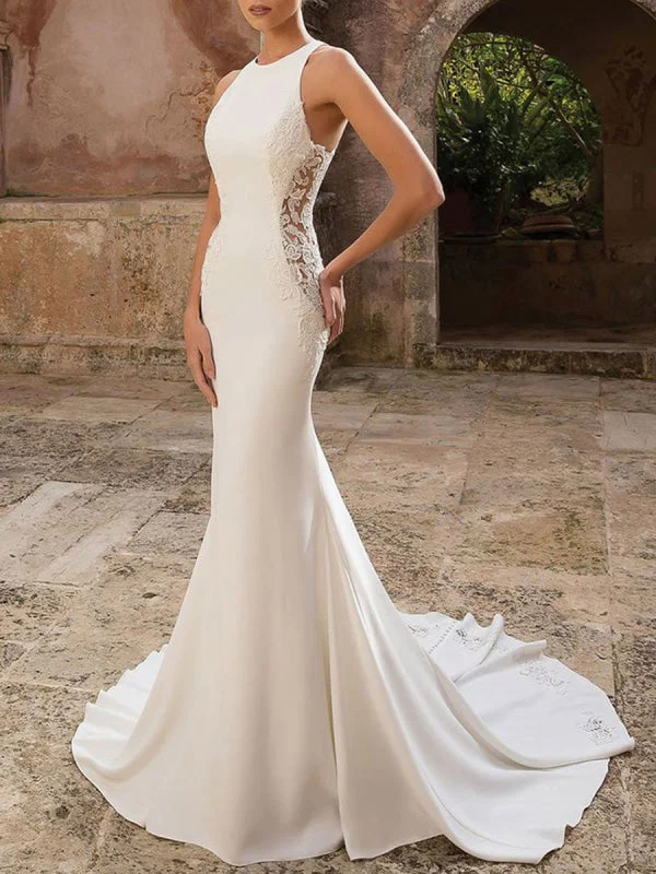 Simple Wedding Dress Lycra Spandex Jewel Neck Sleeveless Lace Mermaid Bridal Dresses Timeless Wedding Dress