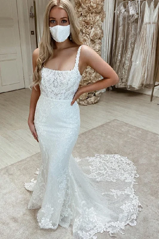 Sleeveless Bateau Mermaid Wedding Dress with Tulle Appliques Sheer Wedding Dress