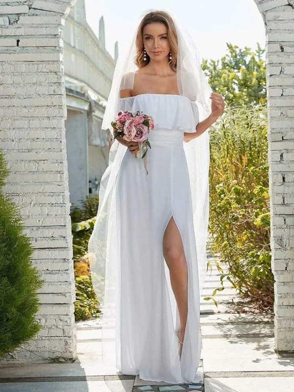 White Simple Wedding Dress Chiffon Bateau Neck Sleeveless Split Front A-Line Long Bridal Gowns Beautiful Lace Gown