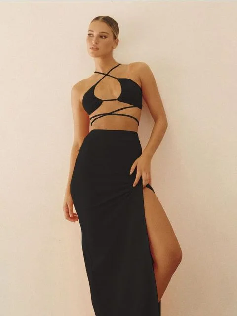 FashionSierra - Bandage Cut Out Sexy Halter Neck Top and Skirts Set Mermaid unclassified skirts