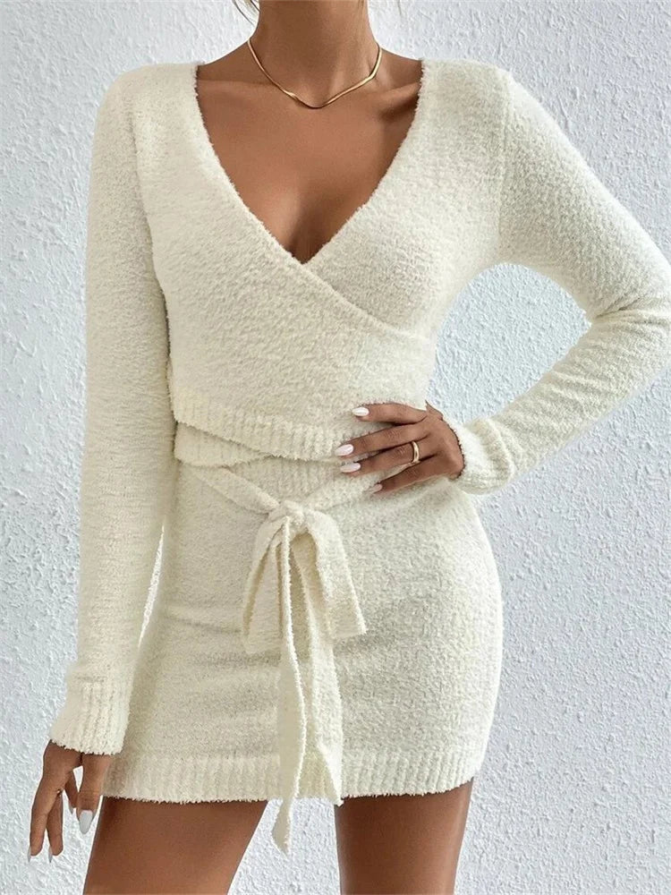 JuliaFashion - Knitted Criss-cross Tie-up Sweater Skirt Suits Ruffled unclassified skirts