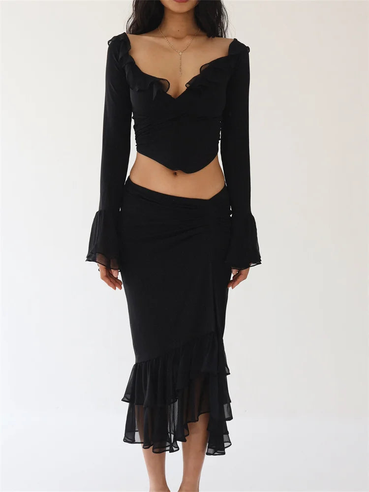 JuliaFashion - Y2K Ruffles Off Shoulder Sheer Mesh Shirts Irregular Hem Split Skirts Suits Knitted unclassified skirts