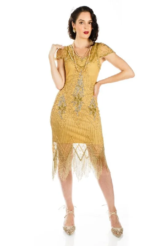 Flapper Style Fringe Party Dress in Antique Gold Comfortable party dresses for all-night wear