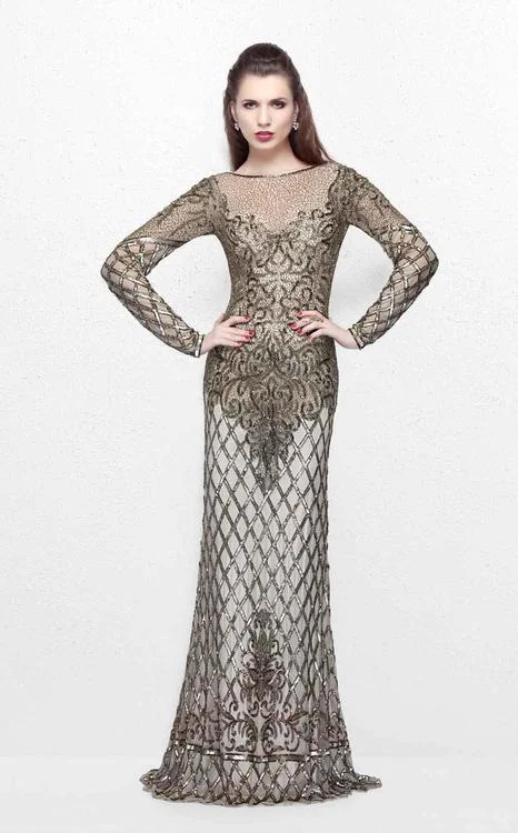 Primavera Couture - 1720 Long Sleeve Adorned Sheath Dress in Champagne Must-have maxi dresses for this season