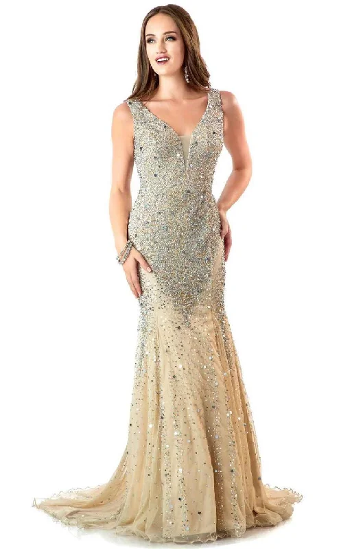 Shail K 1143 Star Studded V Neck Long Prom Dress - 1 pc Nude/Silver In Size 16 Available Luxury maxi dresses