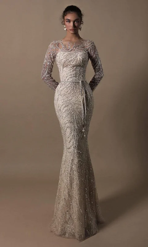 Tarik Ediz - 96013 Embroidered Long Sleeve Trumpet Dress Satin maxi dresses