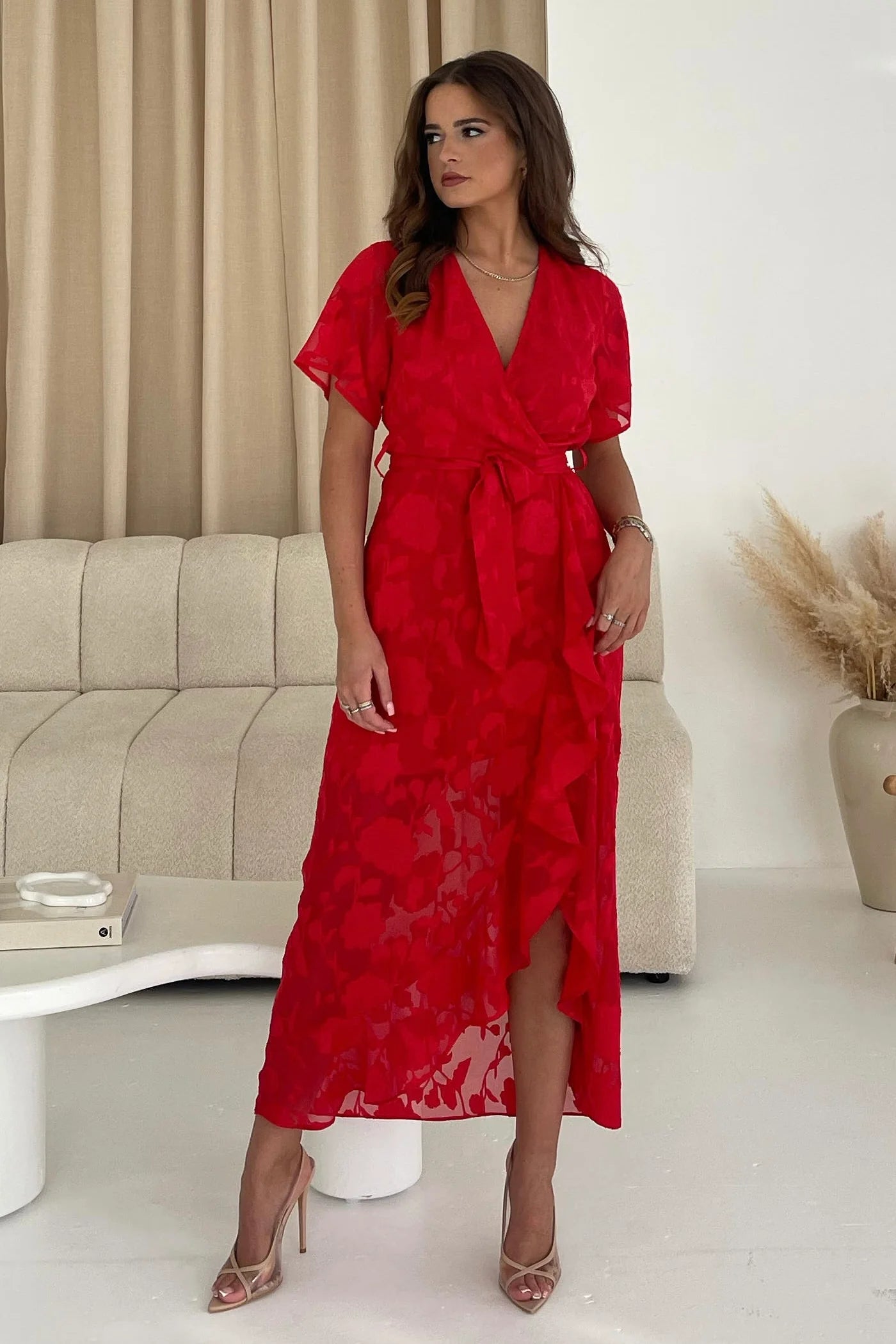 Girl In Mind Farren Wrap Hem Frill Detail Red Midi Dress Best midi dresses for formal events