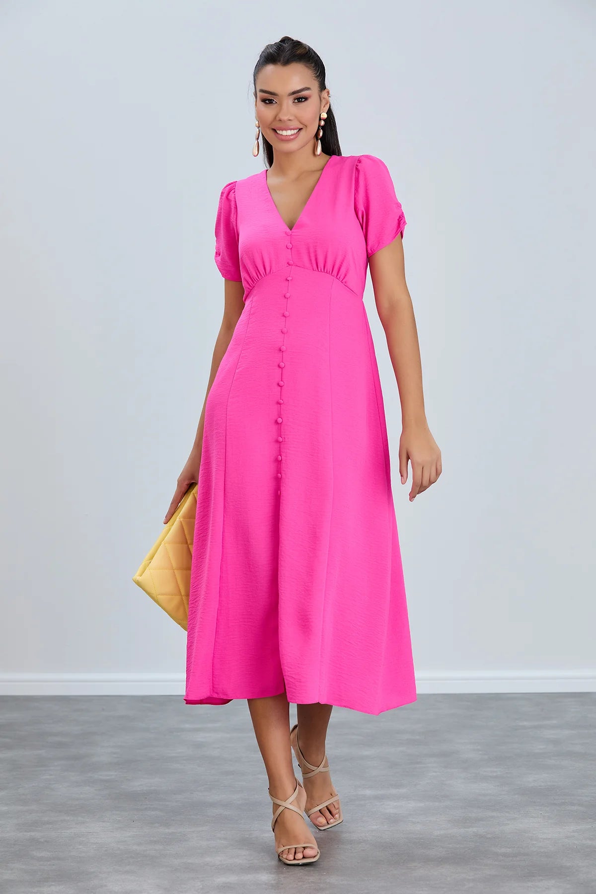 Jenerique Button Front Pink Midi Dress Women's trendy midi dresses sale