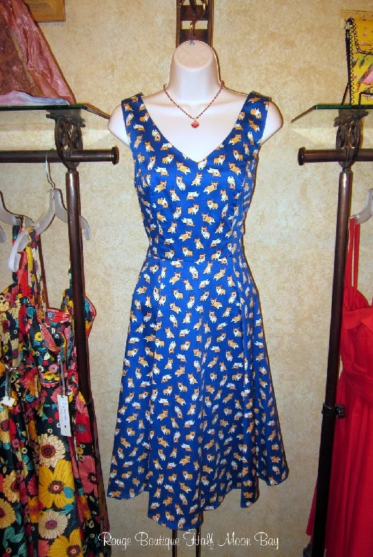 Blue Corgi print Hostess Dress Cute floral print summer dresses