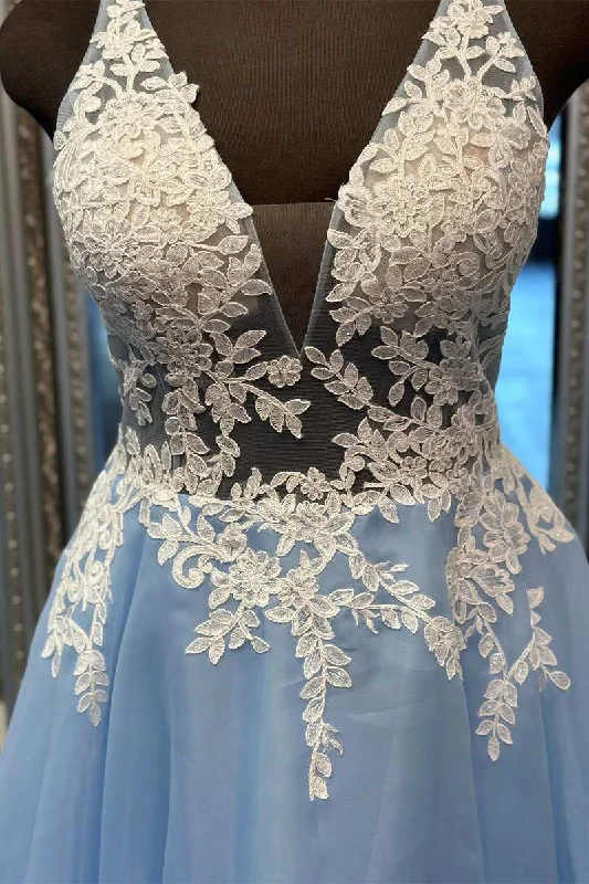 Light Blue Floral Lace V-Back A-Line Long Prom Dress Best floral dresses for casual outings