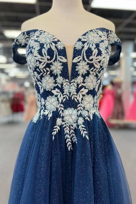 Navy Blue Floral Applique Lace-Up A-Line Long Prom Dress Halter floral dresses