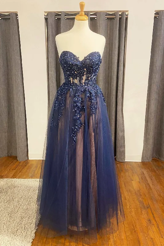 Navy Floral Appliques Strapless A-Line Prom Dress Smocked floral dresses