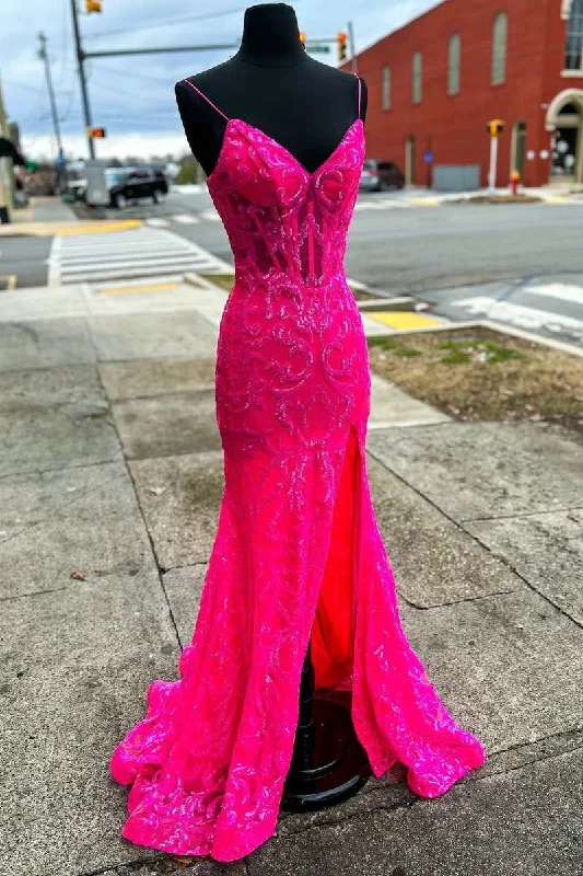 Neon Pink Floral Lace V-Neck Mermaid Long Formal Dress with Slit Bodycon floral dresses