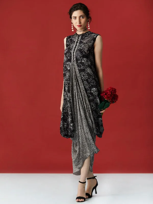 RI Ritu Kumar Black & Ecru Printed Cowl Dress Cocktail floral dresses