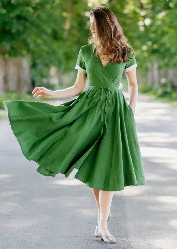 Wrap Dress, Short Sleeve, Spring Green Colorblock Mini Skirt