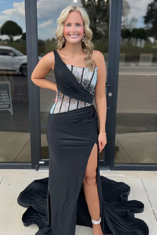 Black One Shoulder Beads Sleeveless Long Prom Dress with Slit Maxi Skirt Dress