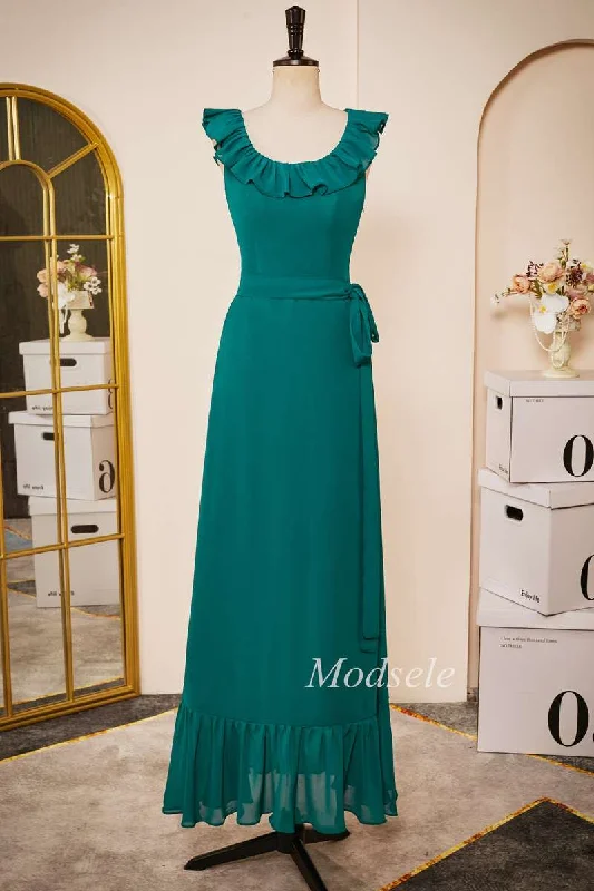 Emerald Chiffon Sleeveless Ruffle Long Dress with Belt Tartan Maxi Skirt