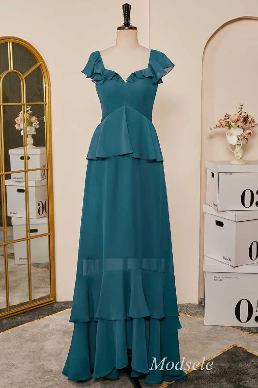 Emerald Flutter Sleeve Multi-Layer Ruffle Long Dress Casual Long Skirt