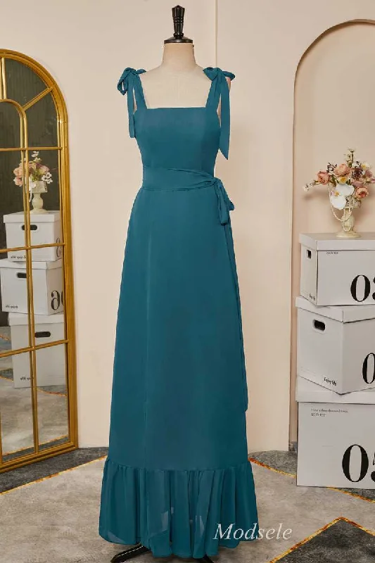 Emerald Tie Strap Ruffle Long Bridesmaid Dress Skater Maxi Skirt