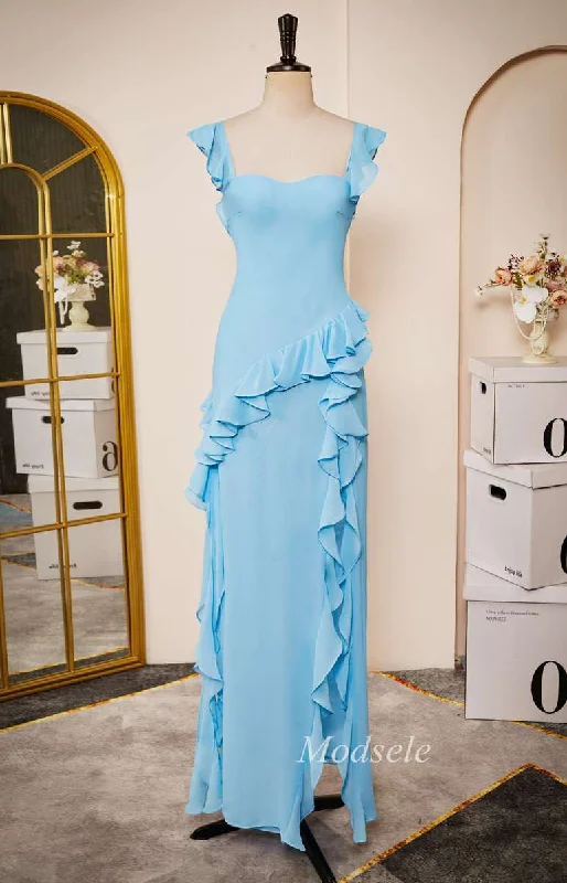 Light Blue Sweetheart Open Back Ruffle Long Dress Elegant Maxi Look