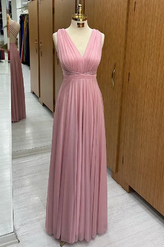 Pink V-Neck Cross-Back A-Line Long Formal Dress Midi Maxi Skirt