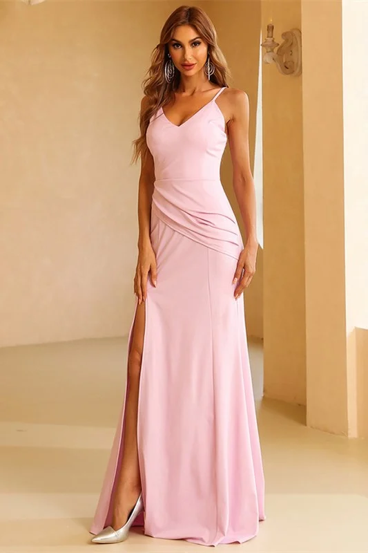 Pink V-Neck Ruched Side Slit Mermaid Long Evening Dress Pleated A-line Skirt