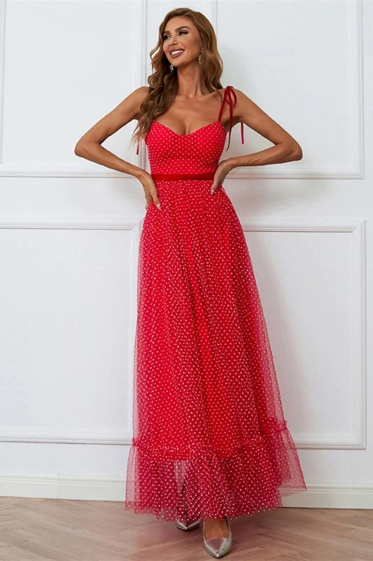 Red Polka Dot Tulle Tie-Strap Long Evening Dress Floral A-line Skirt