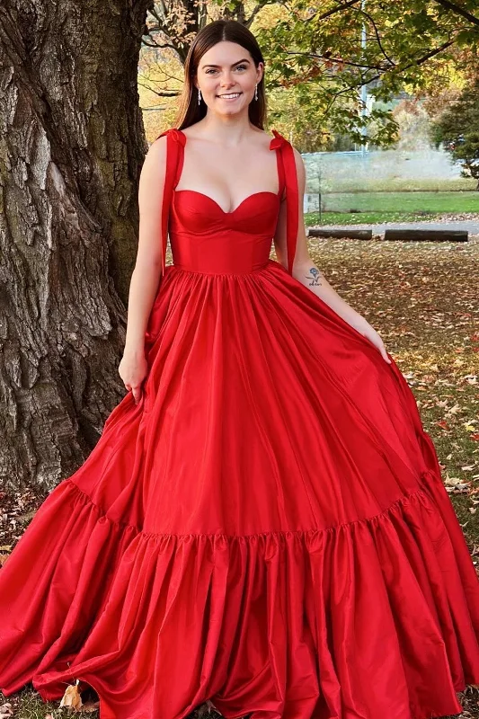 Red Sweetheart Bow Strap A-Line Long Prom Dress Printed A-line Maxi