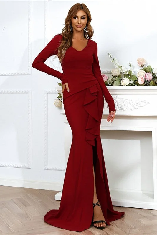 Red Satin V-Neck Long Sleeve Ruffled Mermaid Long Formal Dress Slim-fit Maxi Skirt